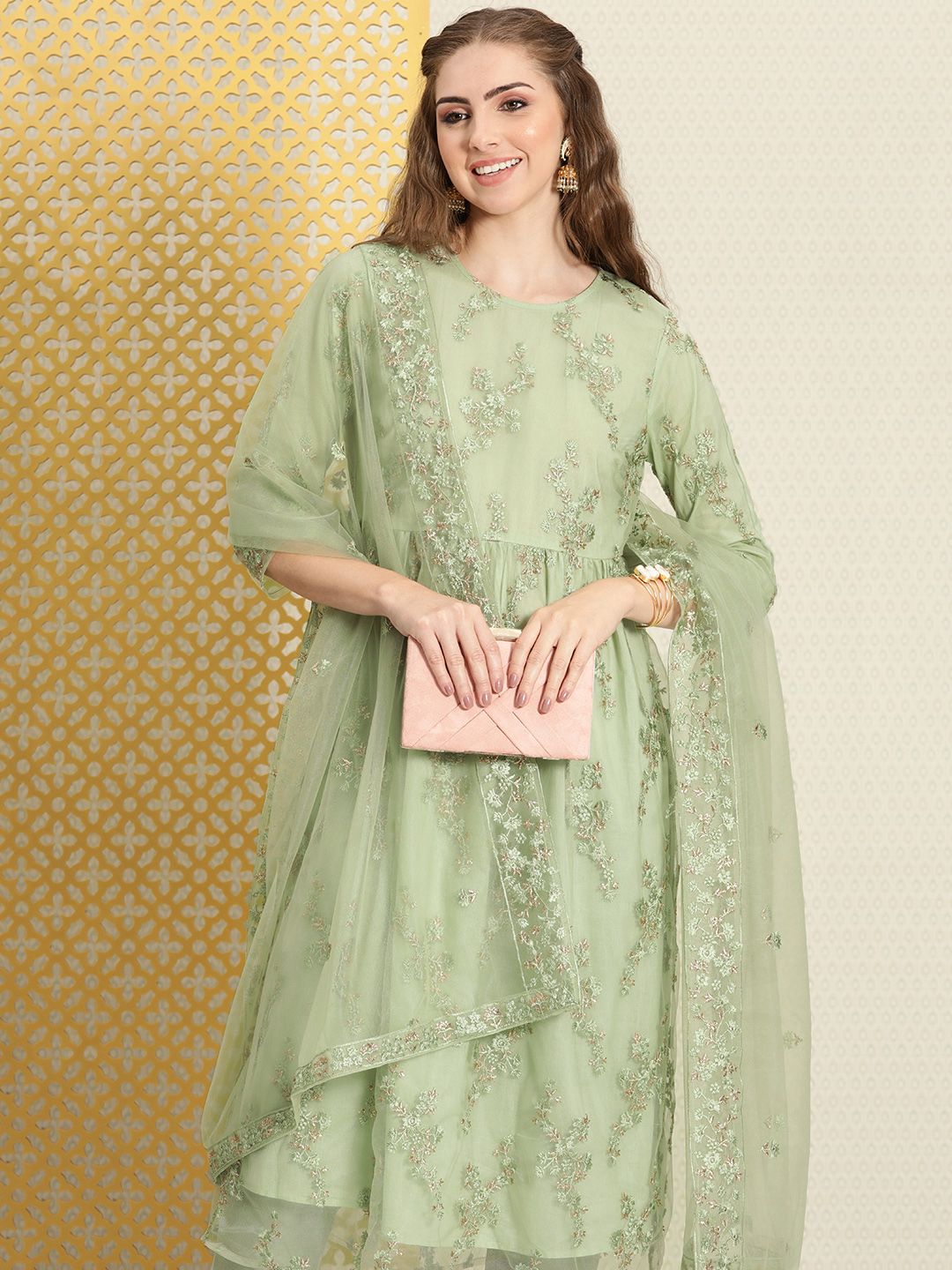 Dhiyona PD Women Women Floral Embroidered Empire Thread Work Net Jashn Kurta Set