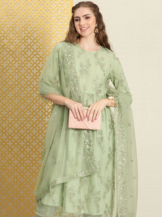 Dhiyona PD Women Women Floral Embroidered Empire Thread Work Net Jashn Kurta Set