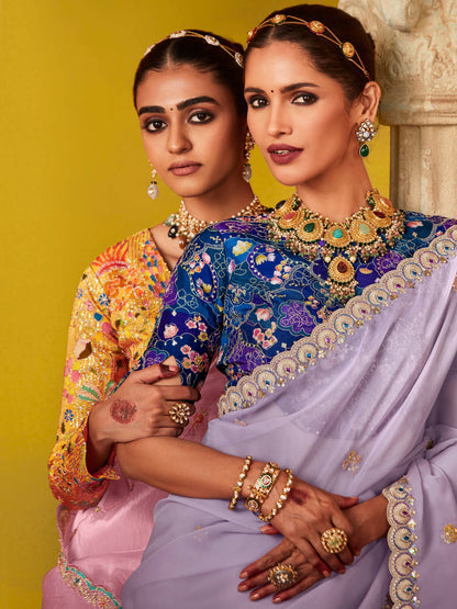Dhiyona KM Women Ethereal Elegance: Purple Silk Saree With Embroidered Blouse