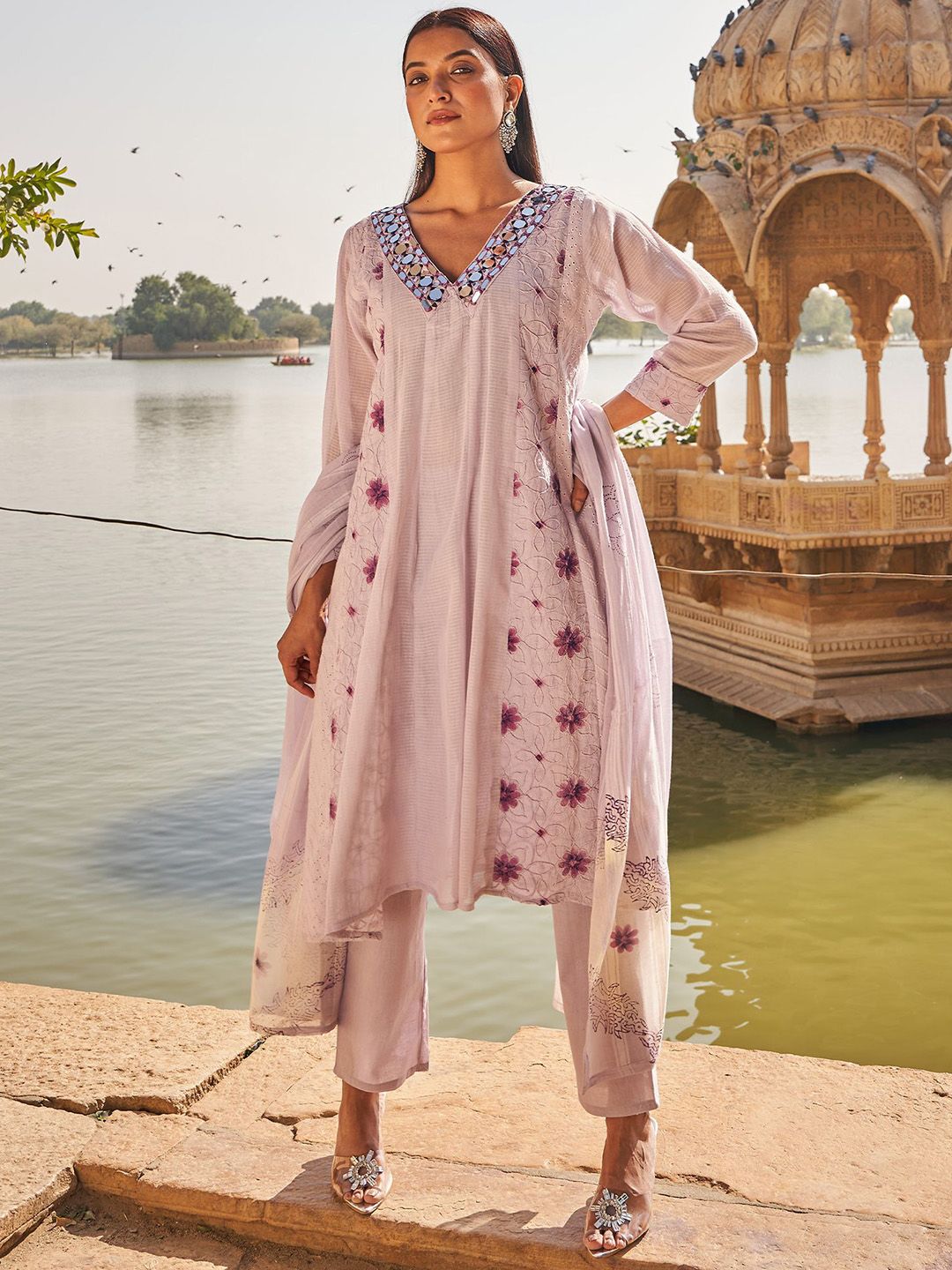 Floral Embroidered Mirror Work Anarkali Pure Cotton Kurta With Trousers & Dupatta