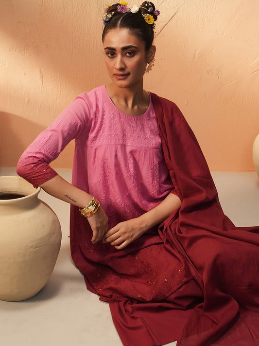 Dhiyona IS Women's Women Ombre Embroidered Regular Thread Work Pure Cotton Kurta with Palazzos & With Dupatta