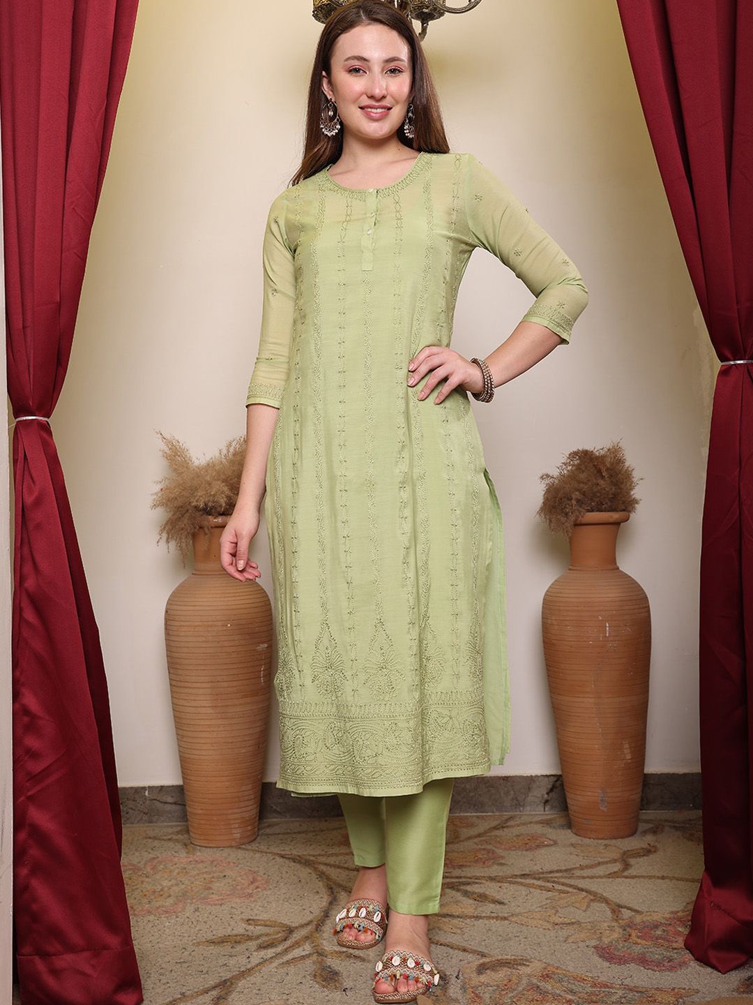 Dhiyona PD Women Chikankari Embroidered Straight Kurta With Trouser & Dupatta Set