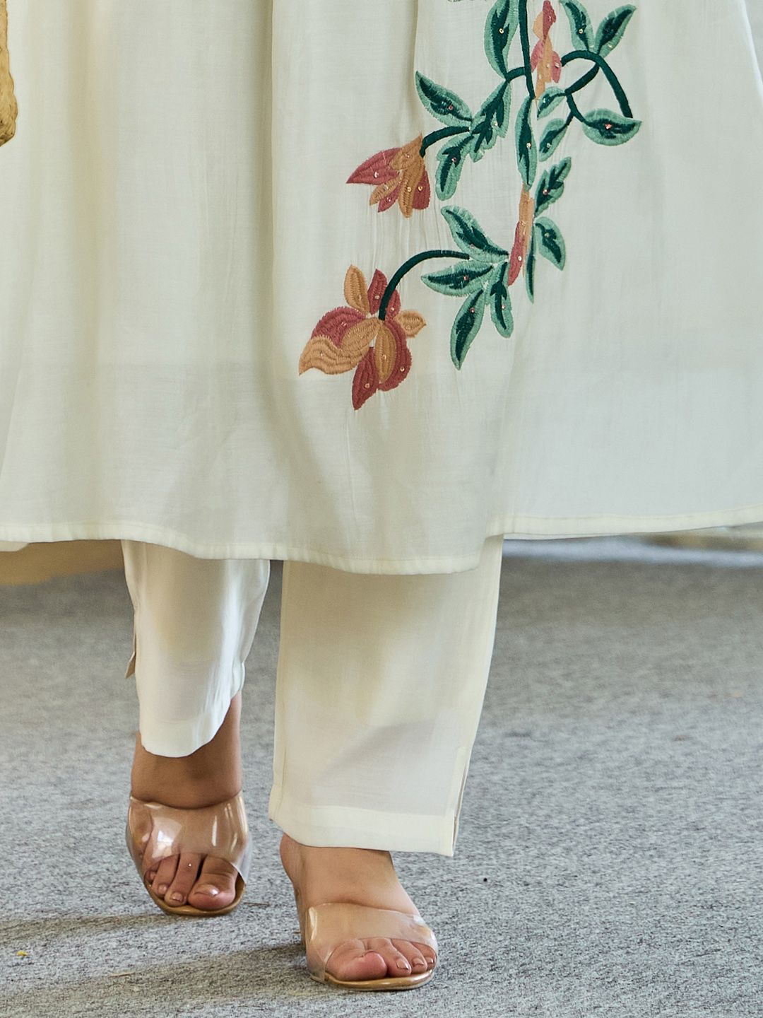 Floral Embroidered Mandarin Collar A Line Pure Cotton Kurta Wwith Trousers
