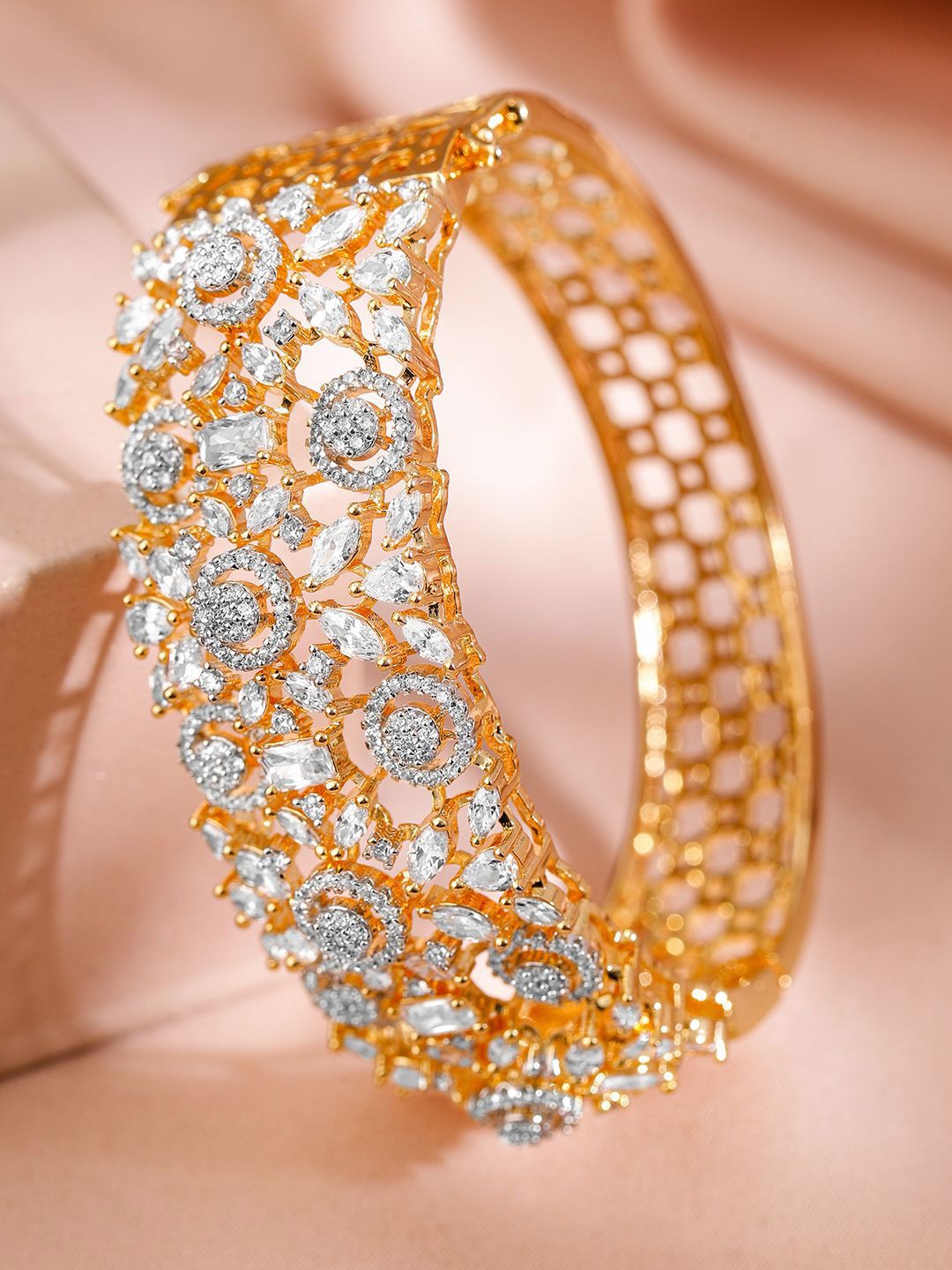 Dhiyona RJ Women's 22K Gold-Plated Cubic Zirconia Studded Floral Filigree Luxe Openable Bracelet