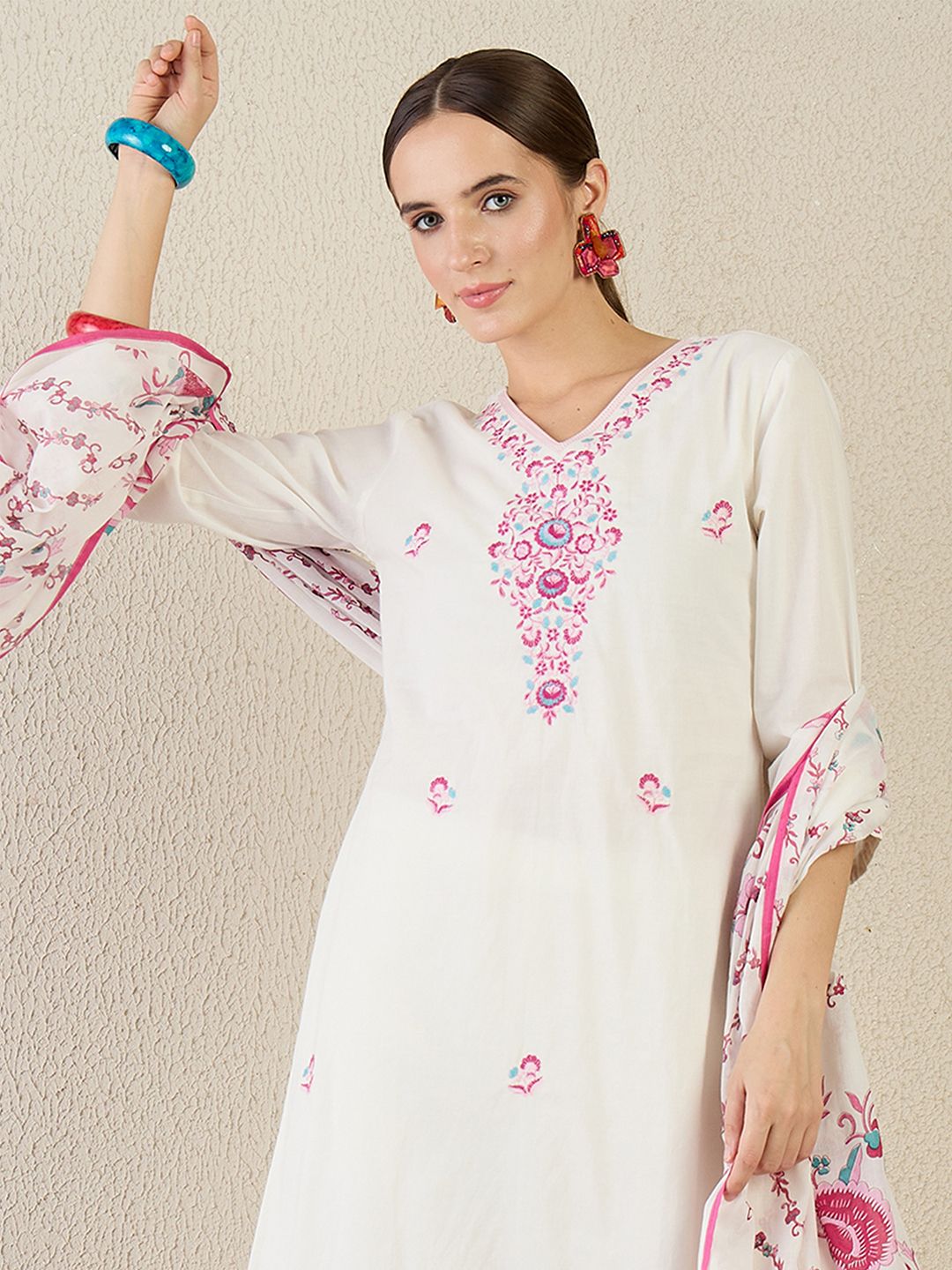 Women Floral Embroidered Regular Pure Cotton Kurta with Trousers & Dupatta