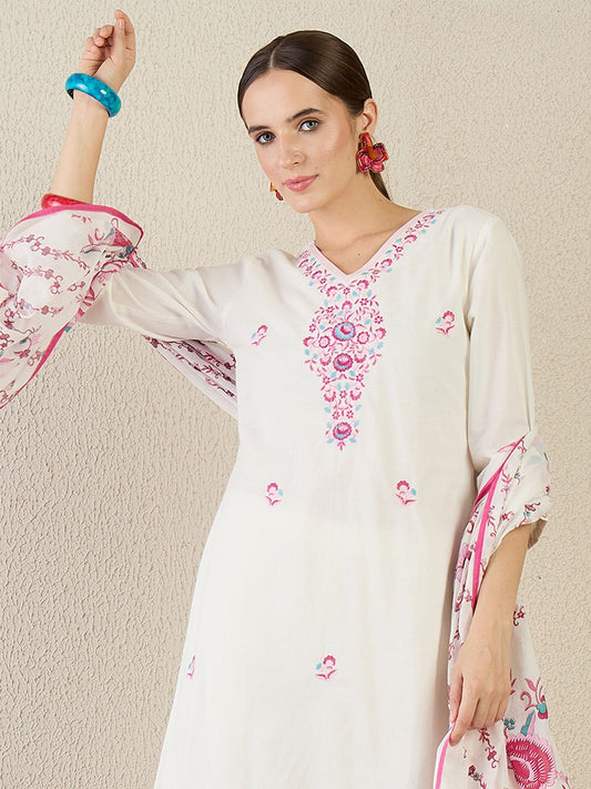 Women Floral Embroidered Regular Pure Cotton Kurta with Trousers & Dupatta