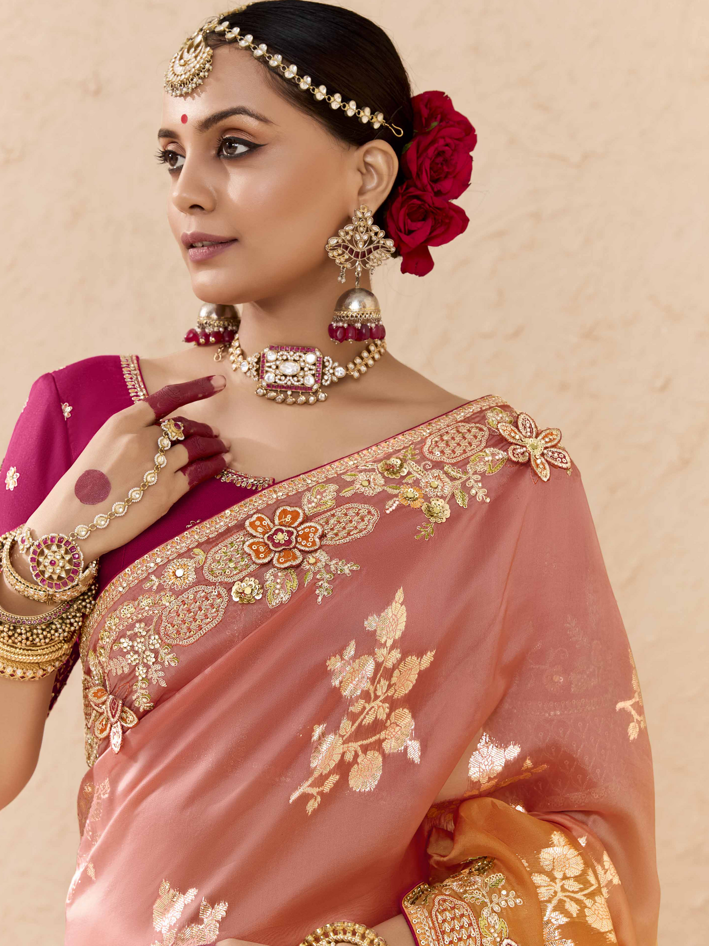 Dhiyona KM Women Shaded Peach, Orange & Yellow Tussar Silk Saree