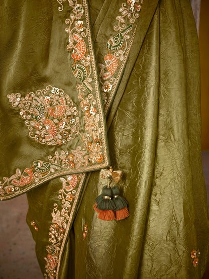 Dhiyona KM Women Olive Green Saree : Heritage And Elegance