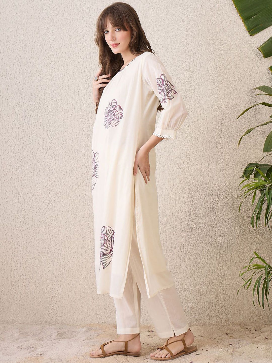 Floral Printed Pleated Round Neck Pure Cotton A-Line Kurta With Trousers