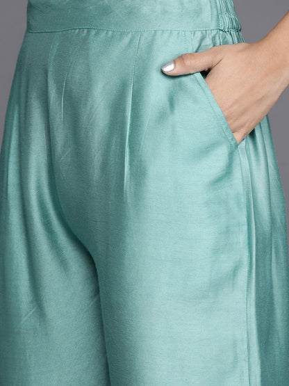 Dhiyona VA Women's Green Yoke Design Thread Work Dupion Silk Kurta with Trousers & Dupatta