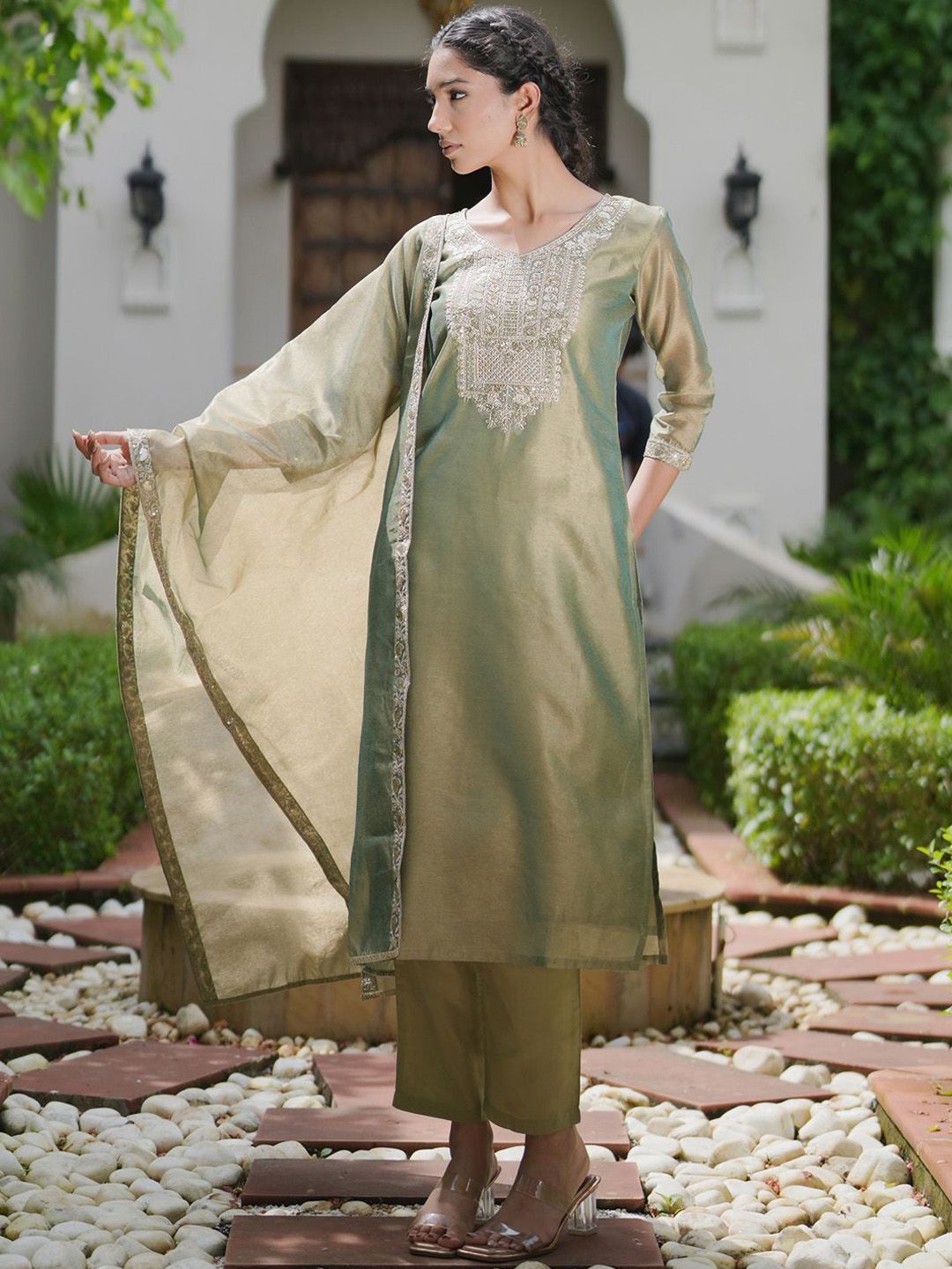 Women Embroidered Sequinned Kurta with Trousers & With Dupatta