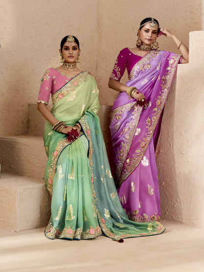 Dhiyona KM Women Shaded Green & Aqua Tussar Silk Saree