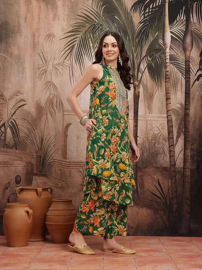 Dhiyona SN Women's Floral Print Pleated Sequinned Kurta with Palazzos