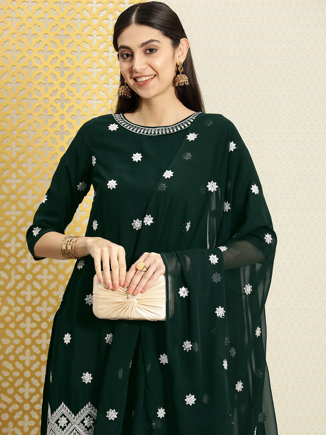 Dhiyona PD Women Women Jashn Ethic Motifs Sequined Zari Work Kurta & Trousers With Dupatta
