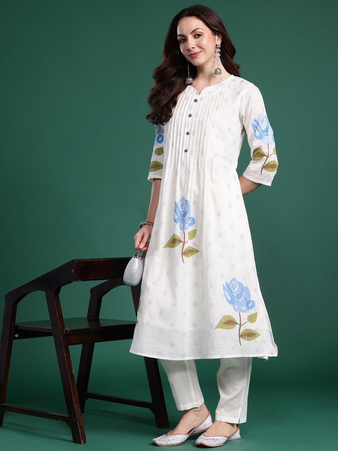 Dhiyona IE Floral Printed Regular Pure Cotton Kurta with Trousers
