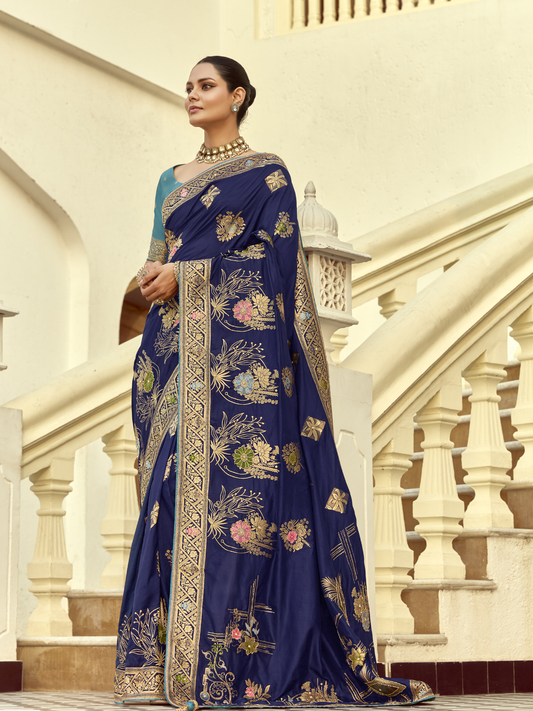 Dhiyona KM Women Royal Blue Silk Saree With Elegant Golden Work