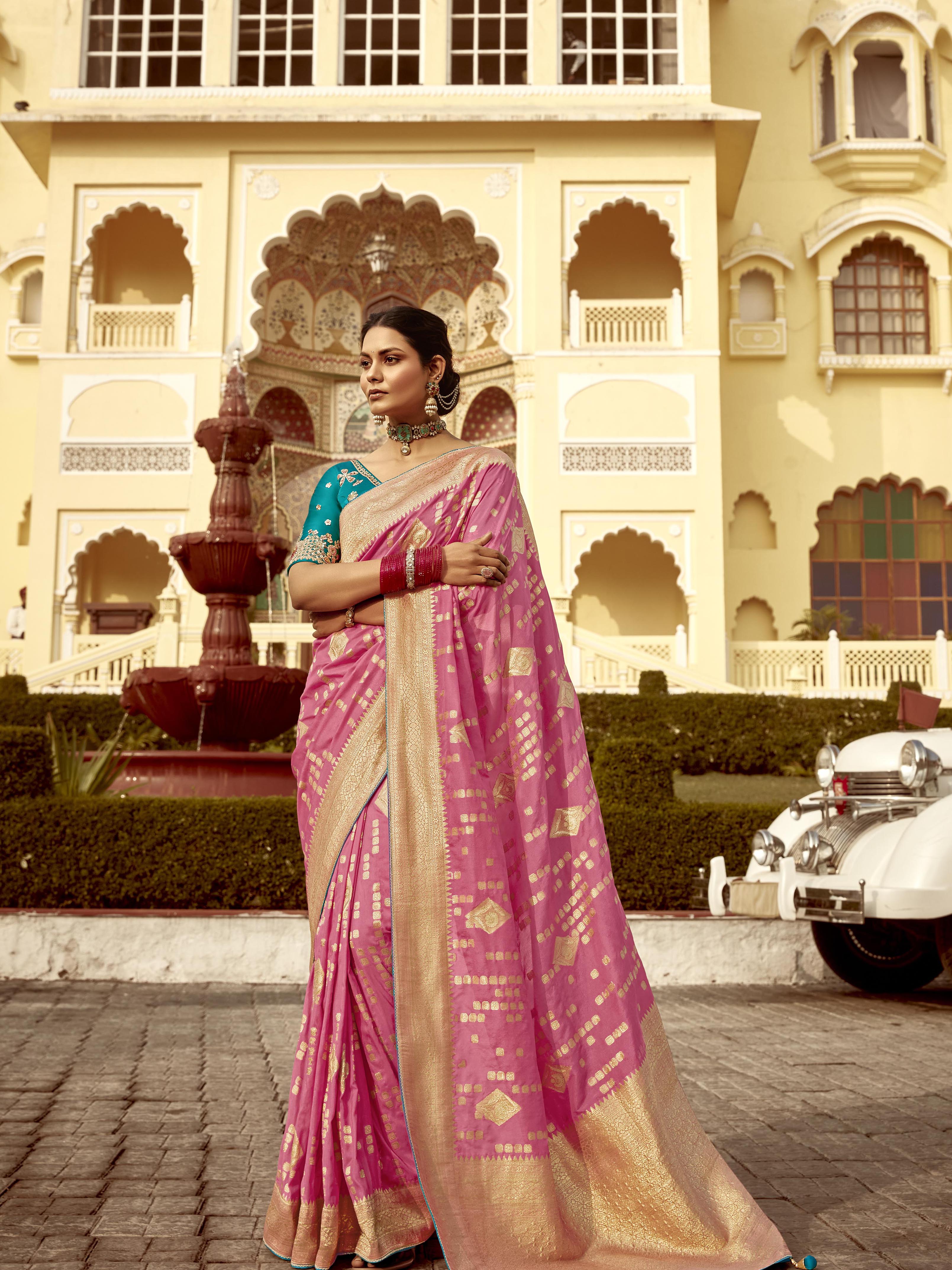 Dhiyona KM Women Pink Banarasi Silk Saree With Gold Zari Weaving