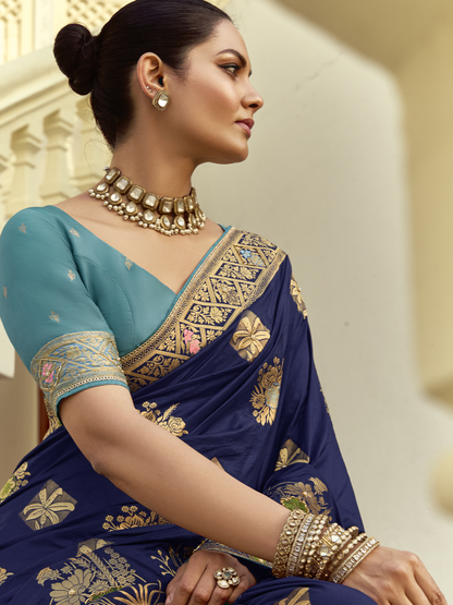 Dhiyona KM Women Royal Blue Silk Saree With Elegant Golden Work