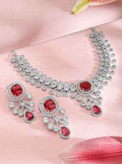 Dhiyona RJ Women's Silver-Plated Ruby Red & White Cubic Zirconia Studded Premium Jewellery Se