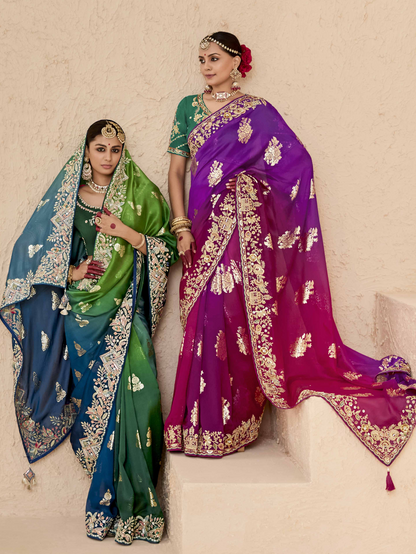 Dhiyona KM Women Peacock Green & Royal Blue Tussar Silk Saree