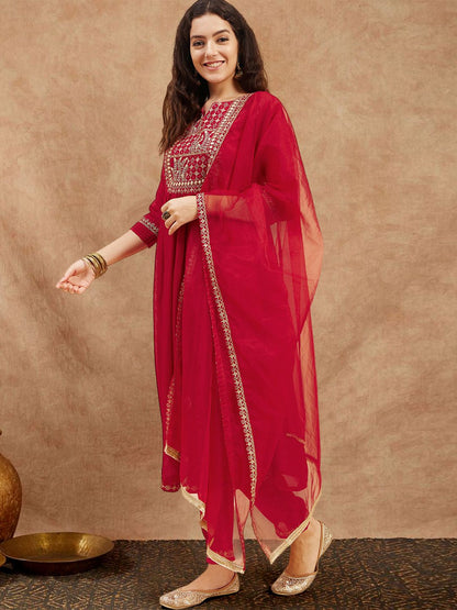 Dhiyona SN Women's Yoke Design Embroidered Kurta Sets With Dupatta