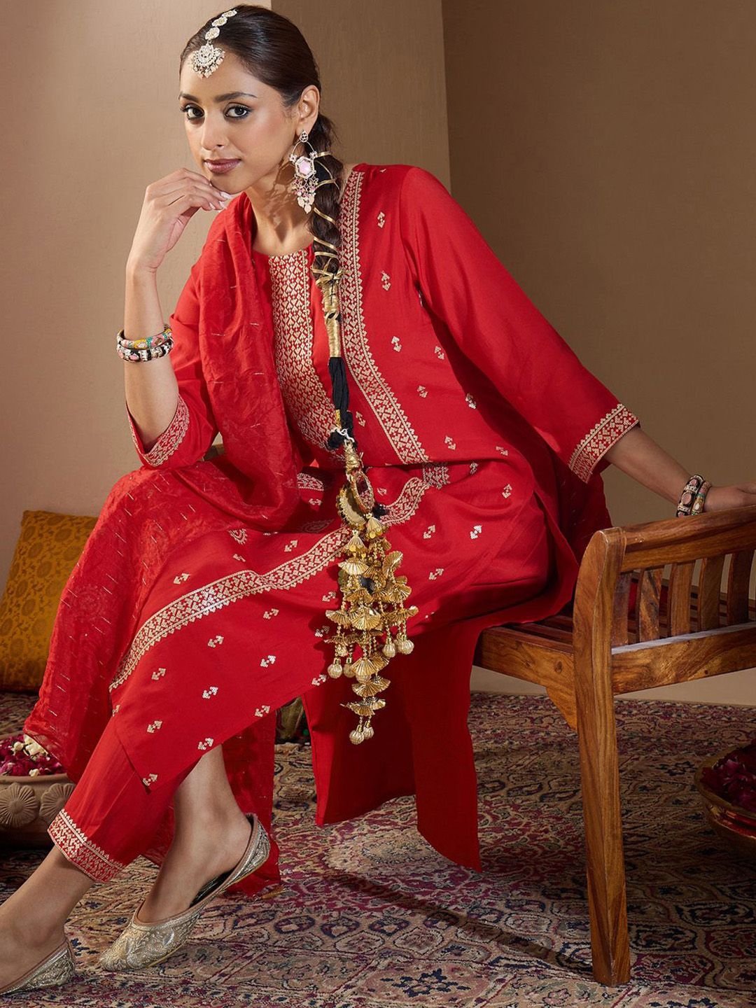 Dhiyona IE Women Ethnic Motifs Embroidered Regular Sequinned Kurta with Trousers & With Dupatta