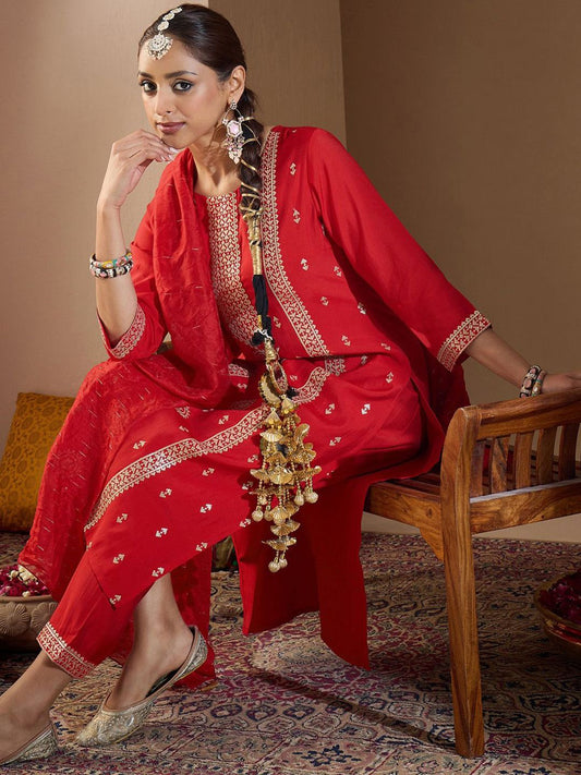 Dhiyona IE Women Ethnic Motifs Embroidered Regular Sequinned Kurta with Trousers & With Dupatta