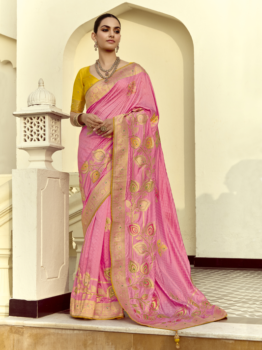 Dhiyona KM Women Pink Silk Saree With Contrast Yellow Blouse