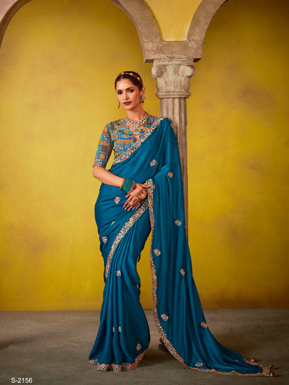 Dhiyona KM Women Regal Blue Saree With Intricately Embroidered Blouse