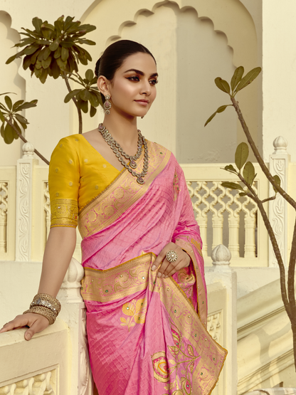 Dhiyona KM Women Pink Silk Saree With Contrast Yellow Blouse