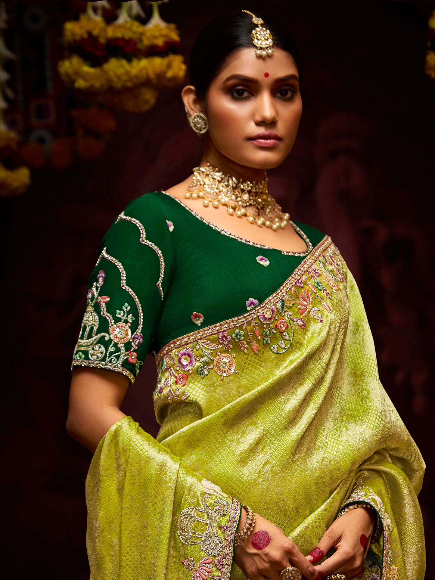 Dhiyona KM Women The Pista Banarasi Silk Saree & Forest Green Georgette Blouse