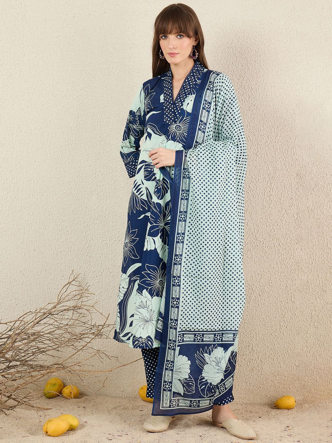Dhiyona IE Women Floral Printed Cotton Kurta with Trousers & Dupatta