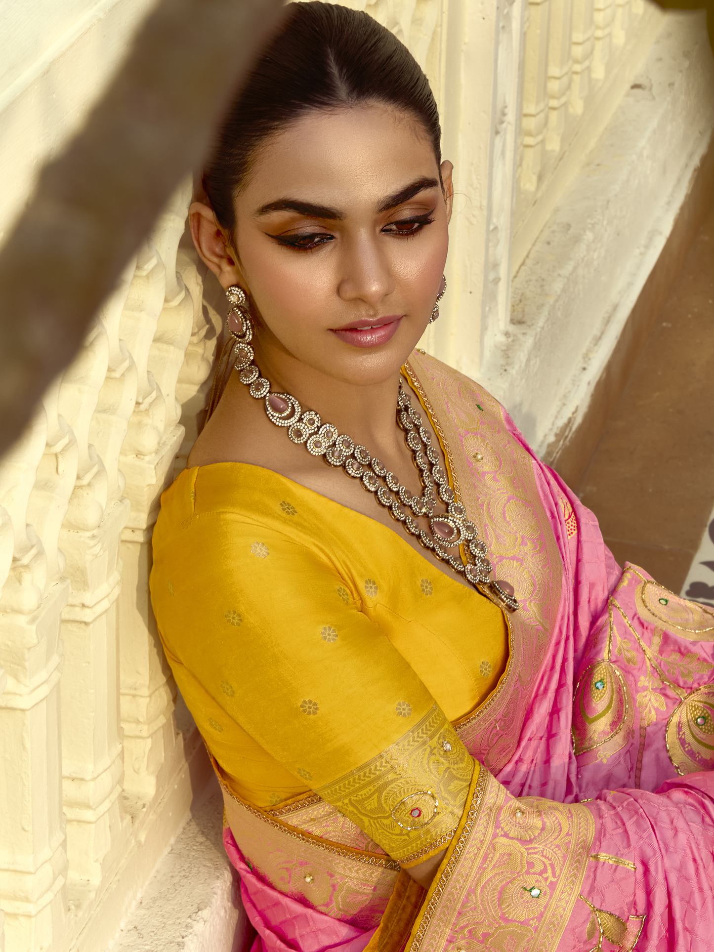 Dhiyona KM Women Pink Silk Saree With Contrast Yellow Blouse
