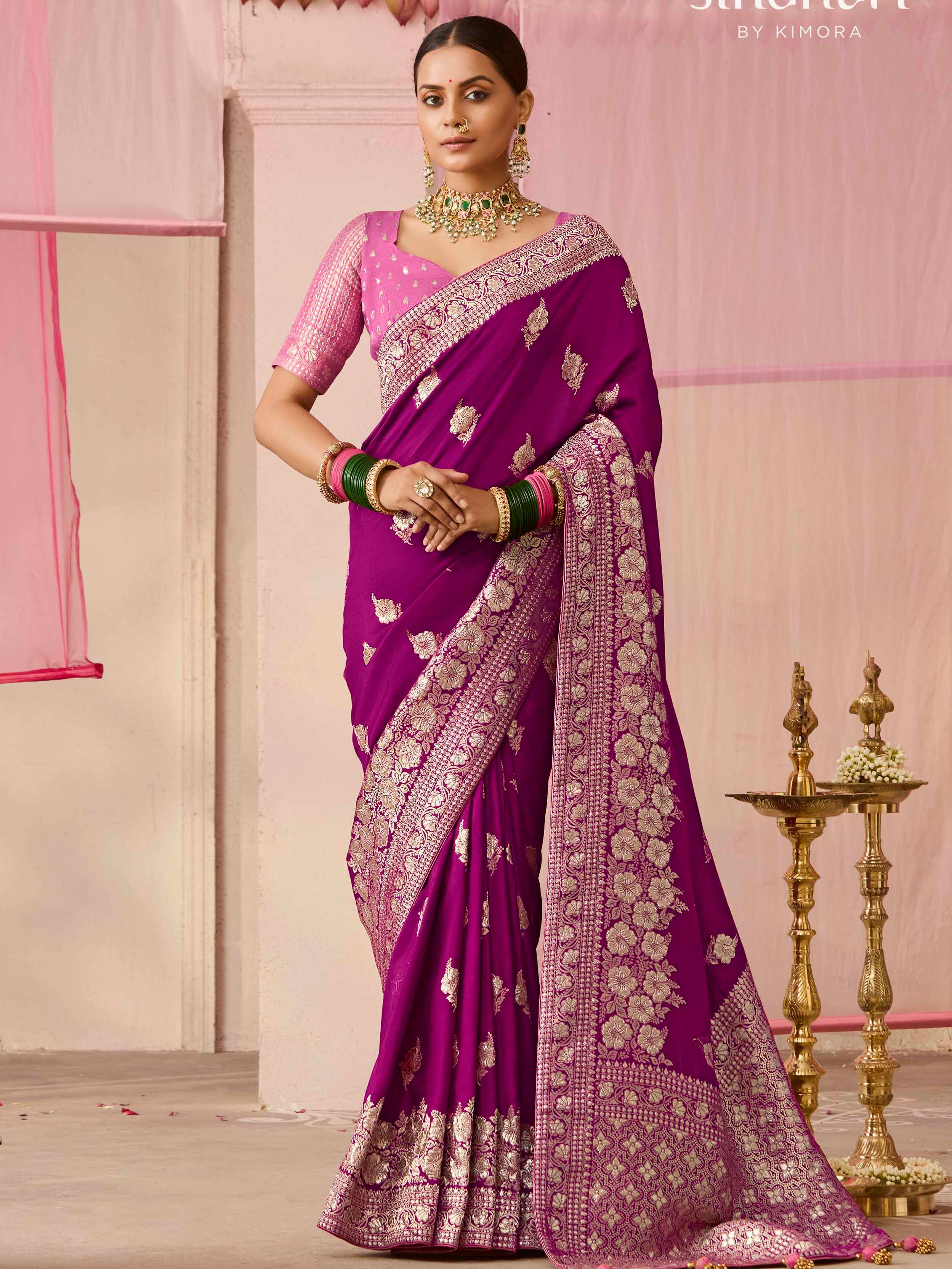 Dhiyona KM Women Purple Dola Silk Saree With Pink Golden Embroidered Blouse