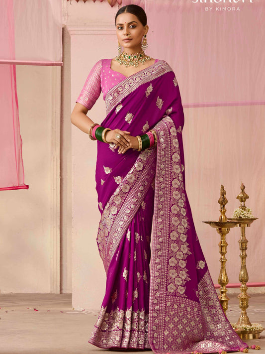 Dhiyona KM Women Purple Dola Silk Saree With Pink Golden Embroidered Blouse