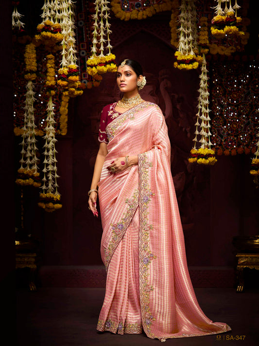 Dhiyona KM Women The Blossom Pink Banarasi Saree With Maroon Reverie Blouse