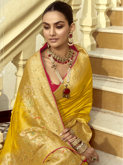 Dhiyona KM Women Golden Yellow Banarasi Silk Saree With Red Contrast Blouse