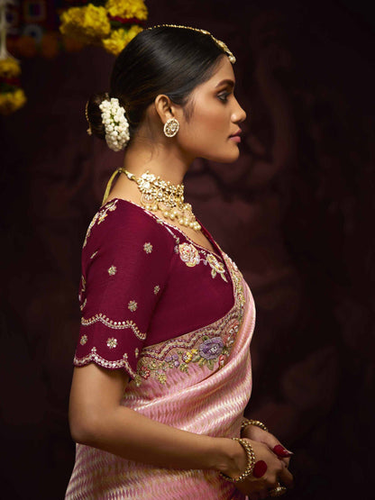 Dhiyona KM Women The Blossom Pink Banarasi Saree With Maroon Reverie Blouse