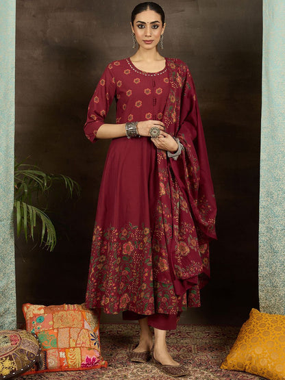 Women Floral Printed Beads and Stones Pure Cotton Kurta with Trousers & Dupatta