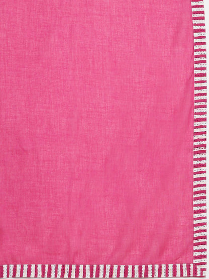 Dhiyona VA Women'sPink Floral Printed Thread Work Pure Cotton Kurta With Palazzos & Dupatta