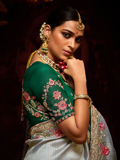 Dhiyona KM Women Elegant Silver Grey Banarasi Silk Saree With Red-Pink Floral Thread & Sequin Work