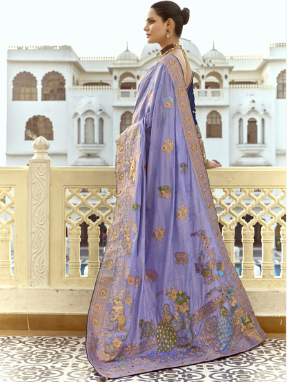 Dhiyona KM Women Lavender Banarasi Silk Saree With Blue Contrast Blouse