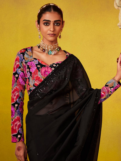 Dhiyona KM Women Elegant Black Saree With Vibrant Floral Embroidered Blouse