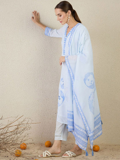 Women Floral Printed V Neck Regular Linen Kurta with Trousers & Dupatta