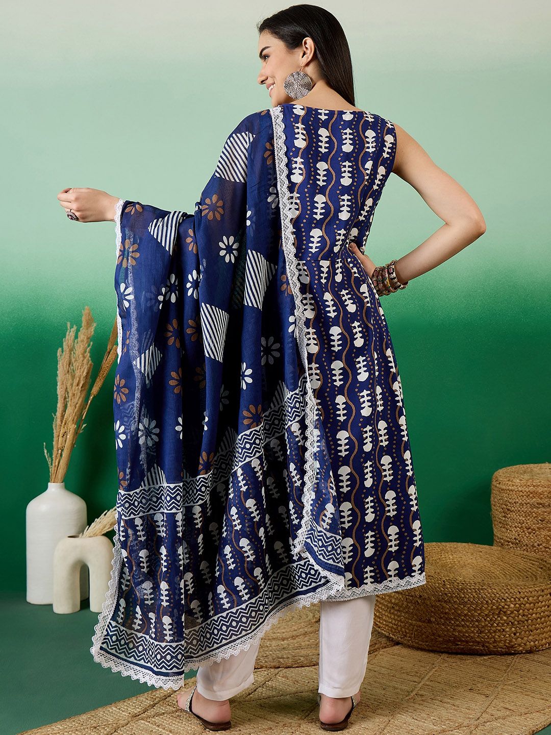 Dhiyona SN Women's Blue Ethnic Motifs Round Neck Gotta Patti Anarkali Kurta With Trousers & Dupatta