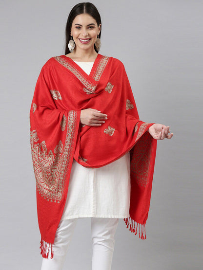 Dhiyona PA Women Red & Silver-Toned Embroidered Shawl