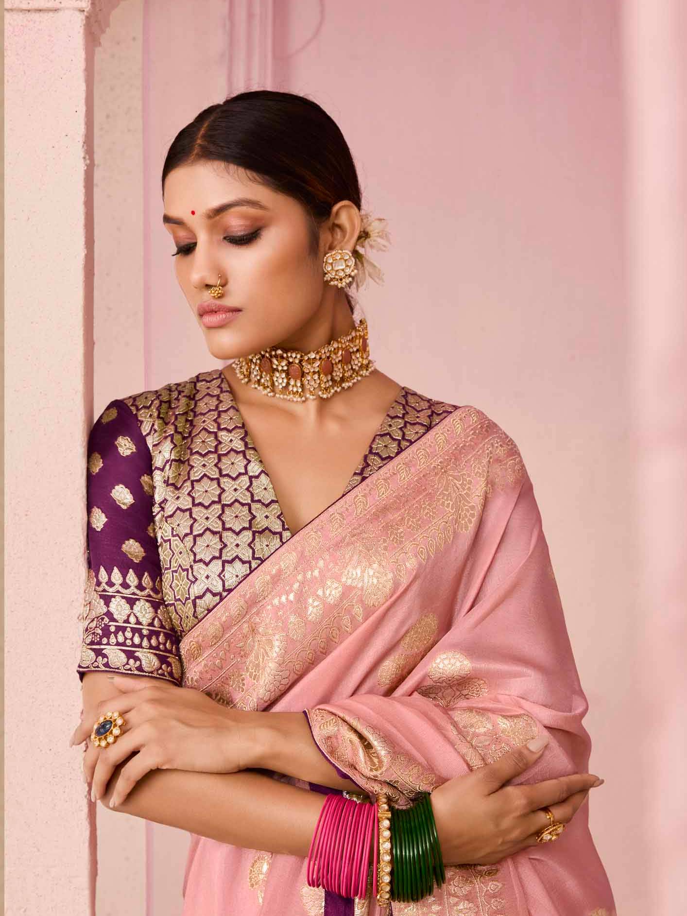 Dhiyona KM Women Peach Dola Silk Saree With Wine Golden Embroidered Blouse