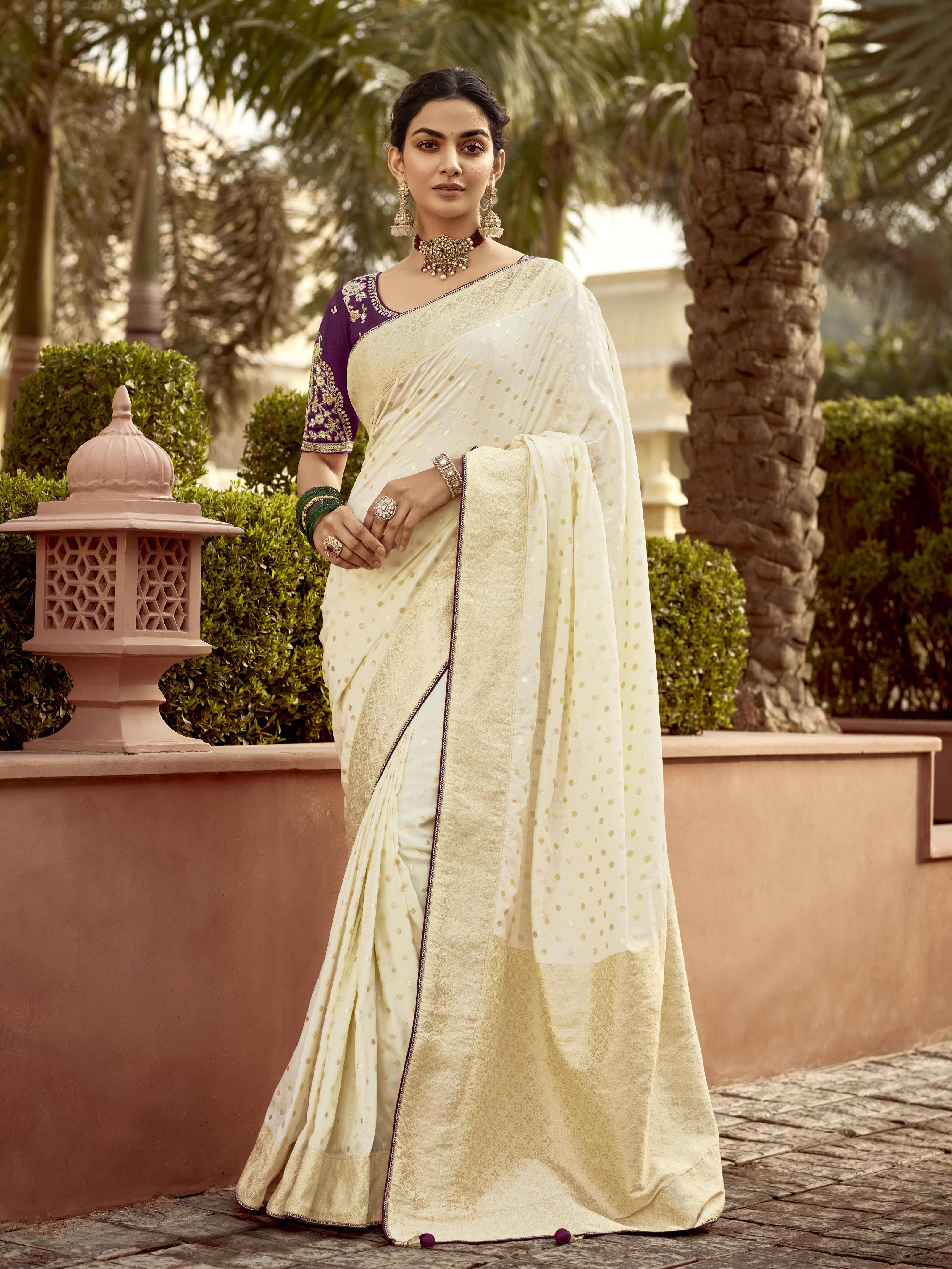 Dhiyona KM Women Ivory Elegance “ Royal Silk Saree With Intricate Embroidery