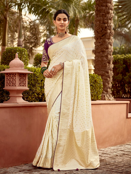 Dhiyona KM Women Ivory Elegance “ Royal Silk Saree With Intricate Embroidery