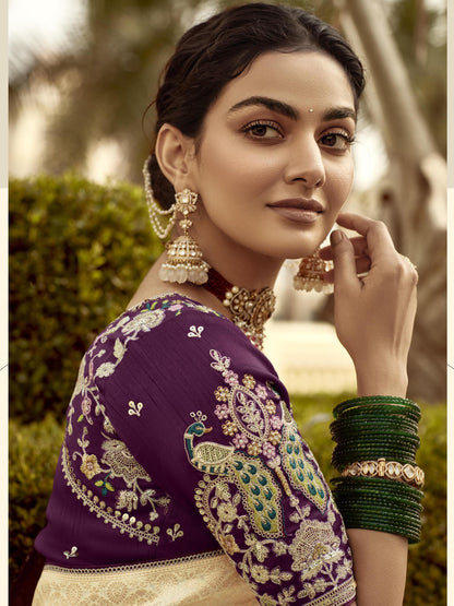 Dhiyona KM Women Ivory Elegance “ Royal Silk Saree With Intricate Embroidery